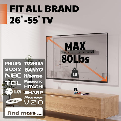 AENTGIU 26-55 inch Studless TV Wall Mount, Heavy Duty Drywall TV Bracket Hanger for Flat Screen TVs, No Stud, NO Drill