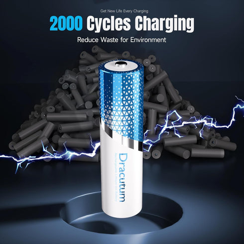 Dracutum 3600mWh 2000+ 1.5V 8-Pack Rechargeable AA Batteries - Cycles Rechargeable Lithium AA Battery with Charger
