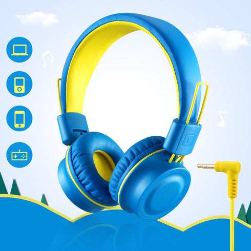 Noot Products K33 Kids Headphones, Foldable Stereo Wired On-Ear Headset with 5ft Long Cord, Electric Blue
