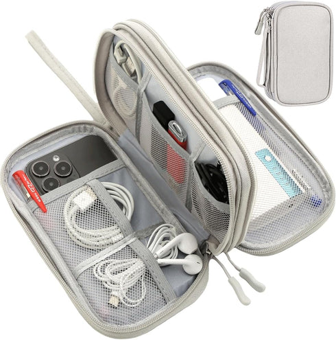 Travel Organizer Pouch - Portable Waterproof Double Layers Storage Bag for Electronic Accessories, Light Grey, Large