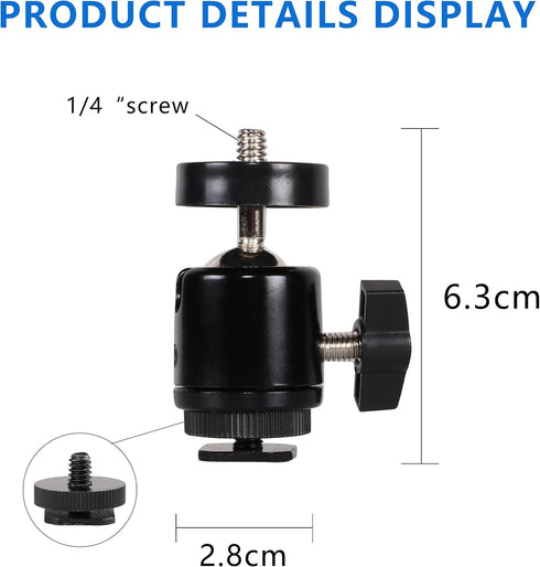 360 1/4 inch (2 Pack) Hot Shoe Mount Adapter Degree Swivel Mini Ball head with Screw for DSLR Camera, Monitor