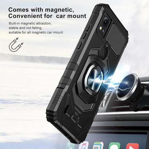 TJS Compatible for Cricket Icon 5 Case, AT&T Motivate 4 Case, with Tempered Glass Screen Protector, Metal Ring Magnetic Support Kickstand Heavy Duty Drop Protection Cover Phone Case (Black)