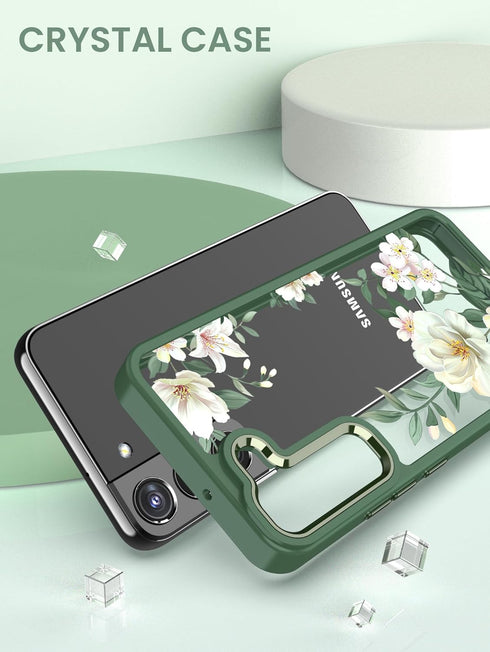 Dretal Galaxy S22 5G Case - Floral Military Grade, Slim Hard Back & Soft Edge + Tempered Glass Protector (Green)
