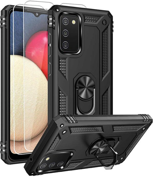 Samsung A02s Case with HD Screen Protector, Military-Grade Kickstand Holder, Shockproof Cover for Galaxy A02s, Black
