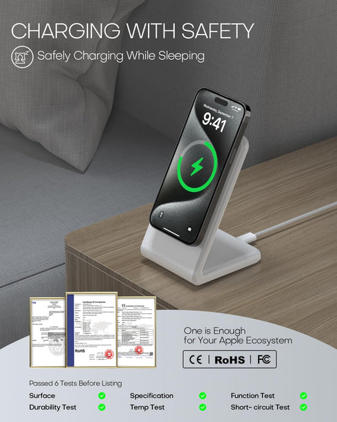 Mag-Safe Charger Stand with 20W Adapter, 5Ft USB-C Cable for Apple iPhone 15/14/13/12 - Grey