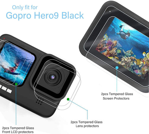 PCTC 9PCS Ultra Clear Tempered Glass Screen Protector for Go Pro Hero 12/11/10/9 Black