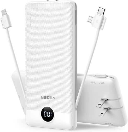 VEGER Portable Charger 10000mAh, Built-in Cables & Wall Plug, Slim Fast Charging Power Bank for iPhone & More - White