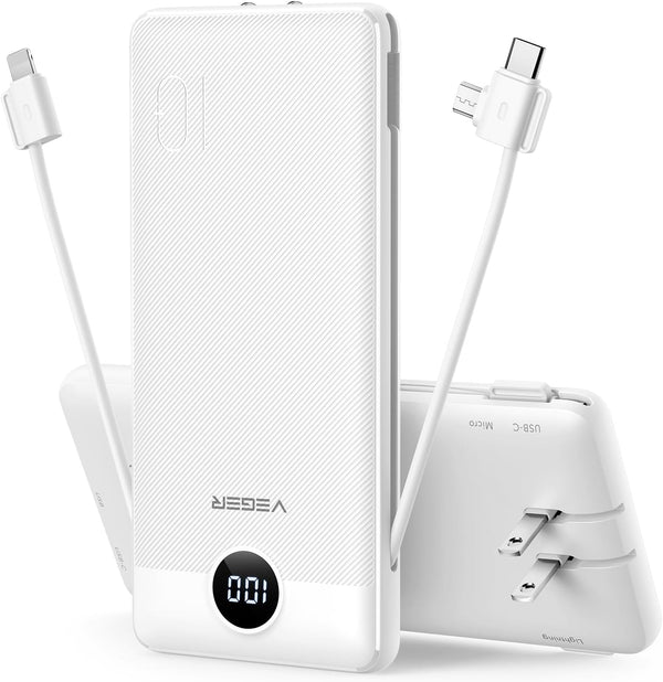 VEGER Portable Charger 10000mAh, Built-in Cables & Wall Plug, Slim Fast Charging Power Bank for iPhone & More - White