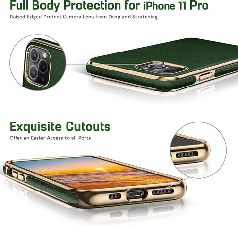 LOHASIC Luxury Leather iPhone 11 Pro Case – Slim Designer PU Cover with Electroplated Frame, Dark Green