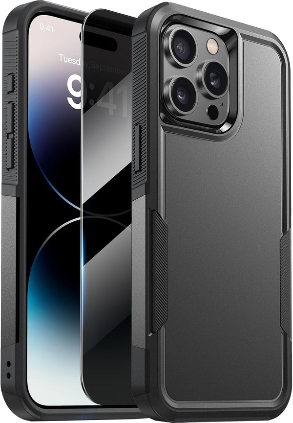 Diaclara iPhone 14 Pro Max Case - Heavy Duty Black, Military Grade Drop Protection, Anti-Spy Privacy Screen Protector.
