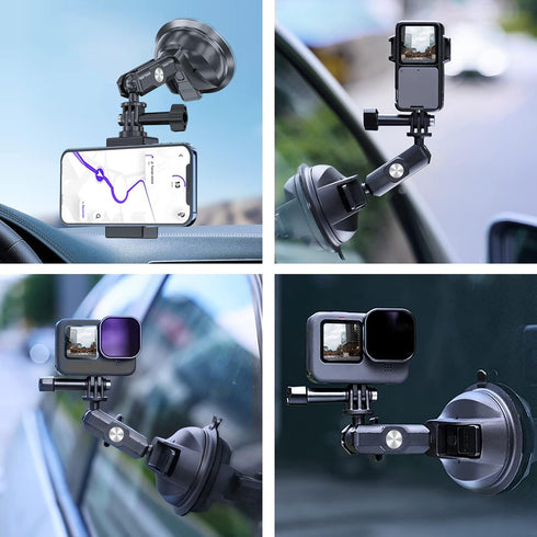 TELESIN Suction Cup Car Mount with Phone Holder for GoPro Max Mini Hero 12 11 10 9 8 7 6 5, Insta360 X3