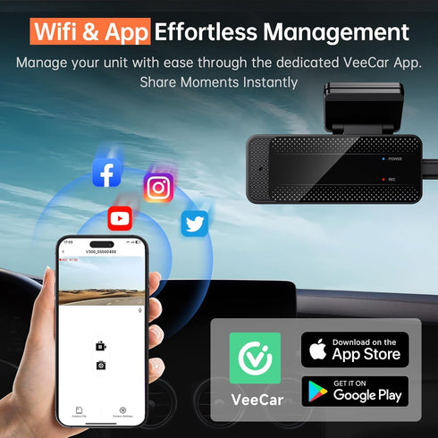 Veement 1296P V300 24H 256GB Dash Cam Front Dashcam, WiFi Dash Camera for Cars with App, Night Vision, Mini Hidden