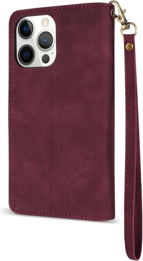 ZZXX for iPhone 12 Pro Max Wallet Case with Card Slot, Premium Soft PU Leather Zipper Flip Folio Wallet (Wine Red)