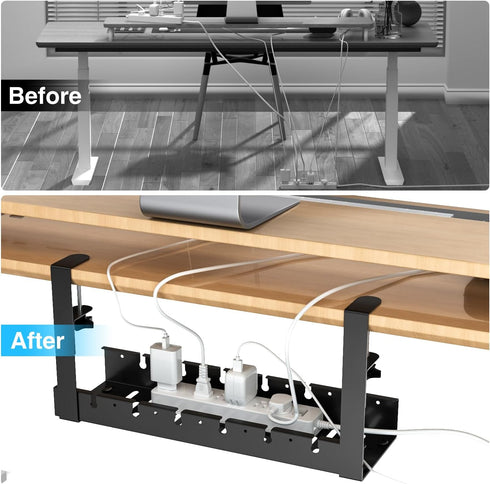 No Drilling Under Desk Cable Management, Metal Cable Management Tray with Clamp, Retractable Power Strip Holder