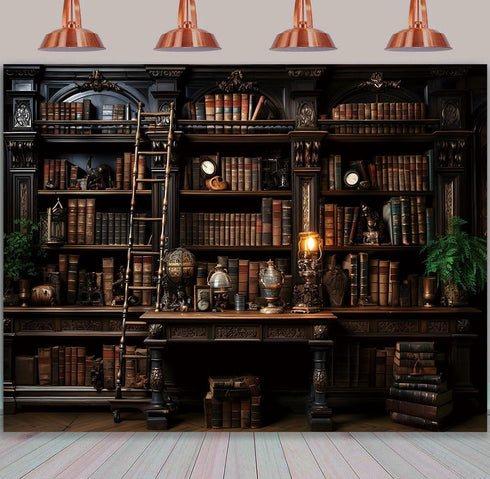 BINQOO Medieval Bookshelf Backdrop Bookcase Photography Background Bookshelf Library Backdrops Wall Hanging Dark