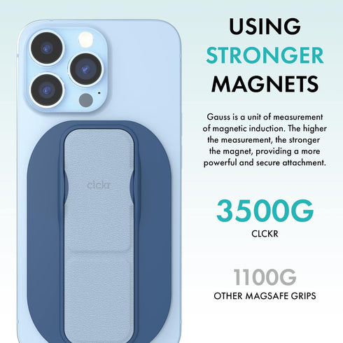 CLCKR Phone Holder & Grip for MagSafe, Adjustable Magnetic Stand & Finger Holder for iPhone 15, 14, 13, 12 Models – Blue