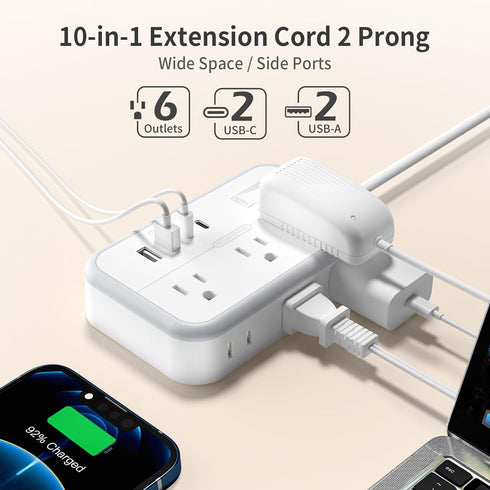 NTONPOWER 25 FT 2 Prong Extension Cord with 1080 Joules Surge Protector, 6 Outlets, 4 USB Ports, Flat Plug
