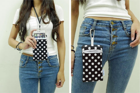 Tainada Shockproof Neoprene Sleeve Carry Bag Pouch (Black White Polka Dots) with Neck Lanyard & Carabiner for iPhone