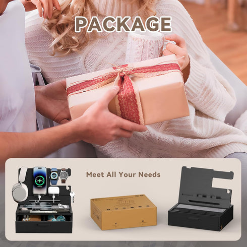 Pezin & Hulin Wooden Charging Station, Bedside Nightstand Tray, with Spacious Drawer, Felt Pads for Phones, Watch, Idea