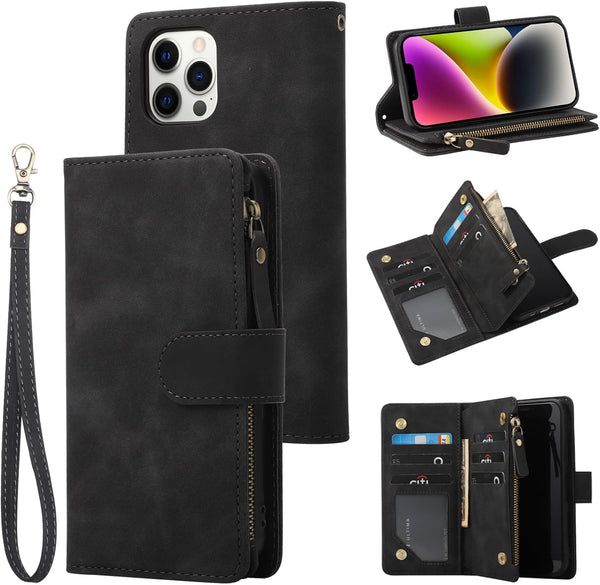 RANYOK Wallet Case for iPhone 12/12 Pro - Premium PU Leather Zipper Flip Folio Wallet with RFID Blocking and Kickstand