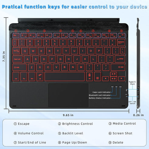 Keyboard Case for Surface Go (3/2/1) - Black, Magnetic Detachable, Rechargeable Bluetooth Keyboard with Trackpad, 7