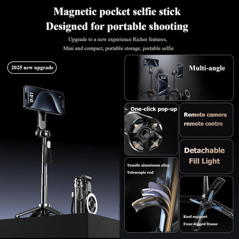 Huiteng XR 4-in-1 Magnetic Pocket Selfie Stick, Magnetic Selfie Stick for iPhone with Rechargeable Remote, Portable