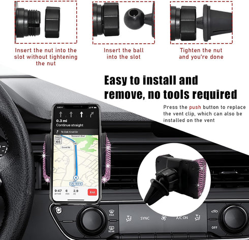 Bling Car Phone Holder, 360 Degree Adjustable Crystal Auto Dashboard Air Vent Mount, Universal for Windshield and