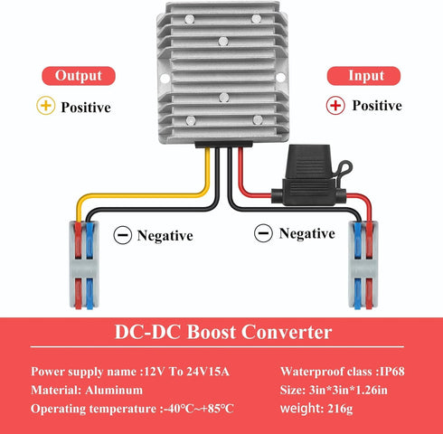 DC/DC 10-22V to 24V Voltage Converter - 24V15A 360W MAX Power Transformer Waterproof Boost Module for Automotive, LED