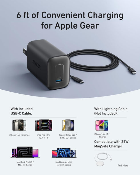 Anker Nano 100W Charger for MacBook, Foldable Charger for iPhone Series, USB C Devices, 6ft Cable