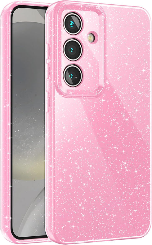 Samsung Galaxy S24 Case for Women, Glitter Bling Thin Slim Shockproof Silicone Phone Case in Cute Neon Pink