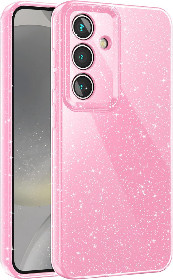 Samsung Galaxy S24 Case for Women, Glitter Bling Thin Slim Shockproof Silicone Phone Case in Cute Neon Pink