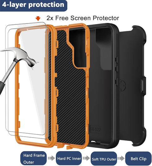 Samsung Galaxy S22 Heavy Duty Case with Belt Clip Holster, Rugged Shockproof Cover & 2X Screen Protectors (Orange)