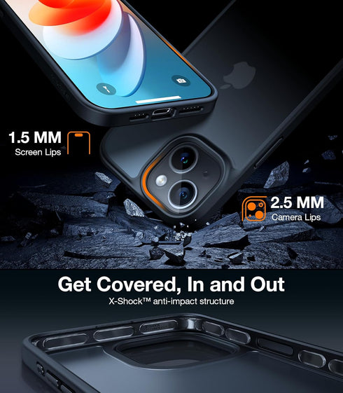 iPhone 15 Case by TORRAS: Slim, Shockproof, 12FT Military Grade Drop Protection, Black with Translucent Back & Silicone