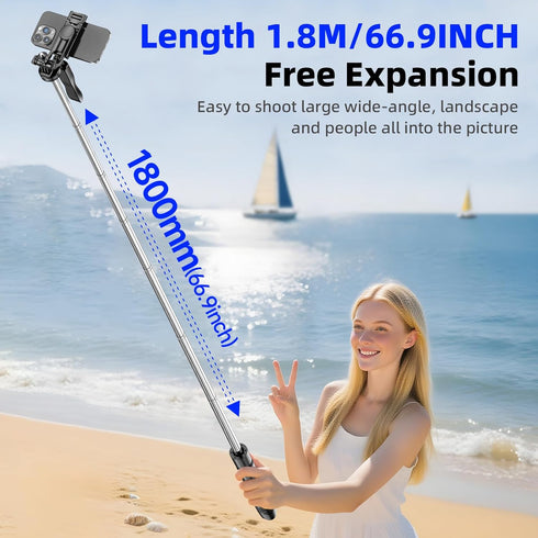 RUNNINGMT 71" 360 (71 inch-Black) Auto Pop Open Phone Tripod Stand, Selfie Stick with Bluetooth Remote for iPhone