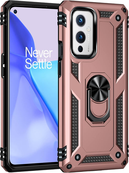 Military Grade Shockproof Case for Oneplus 9 5G, Armor Heavy Duty with 360 Metal Rotating Ring Kickstand (Rose Gold)