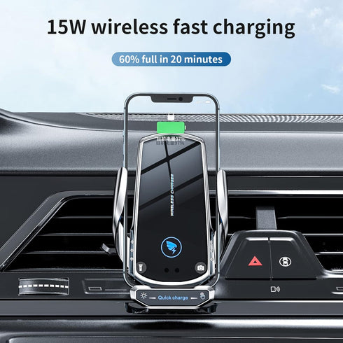 Wireless Car Charger Mount, 15W Fast Charging, Auto Clamping, Compatible with All Android, Blue