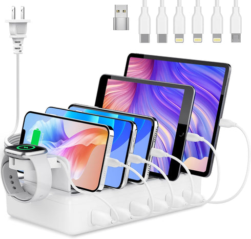 Charging Station for Multiple Devices, 6 Port 50W Fast Multi Charger Station with 6 Mixed Charging Cables for iPhone