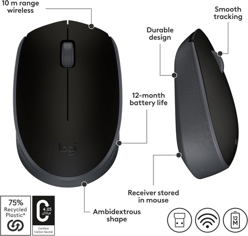 Logitech M170 Wireless Mouse for PC, Mac, Laptop, 2.4 GHz with USB Mini Receiver, Ambidextrous - Black
