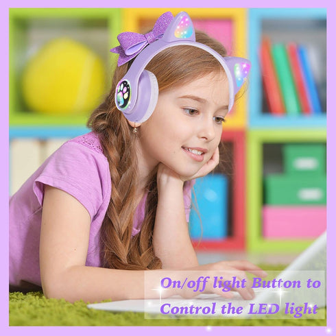 Wireless Cat Ear Headphones for Kids, LED Light Up Kids Girls Bluetooth Headphones with Microphone for School/Travel/Sports/Gaming/Gifts/Christmas (Purple)