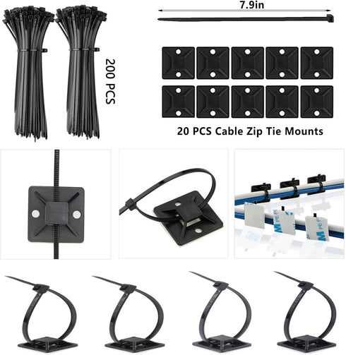 ELII 300PCS Cable Management Kit, 4 Cable Sleeve, 35 Cable Clips, 11 Cord Holders, 200 Fastening Cable Ties for Under