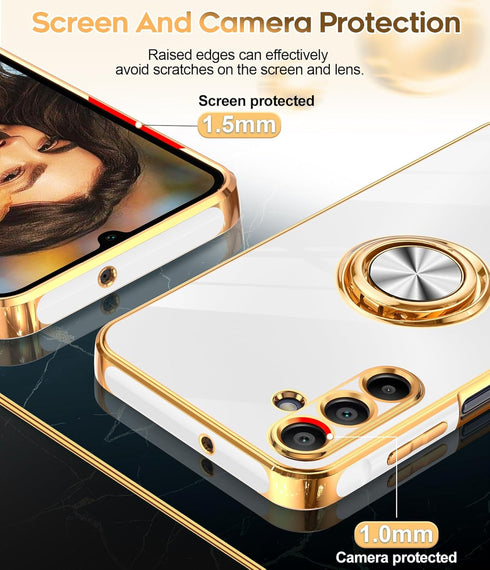 LeYi Samsung A15 5G Case with Tempered Glass Screen Protector, White 360° Rotatable Ring Holder Magnetic Kickstand