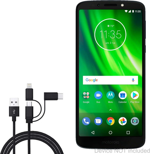 BoxWave Cable Compatible with Motorola Moto G6 Play, AllCharge 3-in-1 Cable for Motorola Moto G6 Play - Jet Black