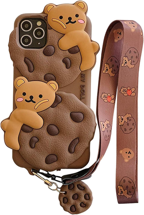 SGVAHY Case for iPhone 11 Pro Max with Strap Lanyard Keychain, Cute Bear Cookie Kawaii Soft Silicone Protective Cover