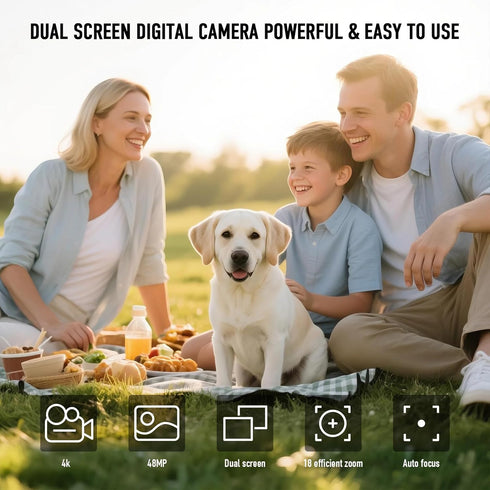 BILEBAK 4K 48MP 18X 32GB Digital Camera, Autofocus Dual Screen for Selfies, Zoom Fill Light, Portable Point and Shoot
