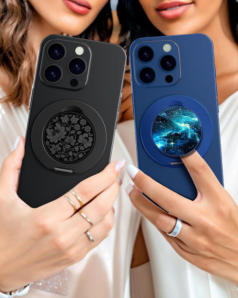 TecRange Magnetic Phone Grip Slim Ring Kickstand Phone Holder for Women, Compatible with iPhone & Android (Black