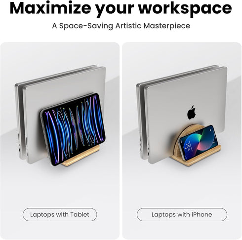 Premium Wood Vertical Laptop Stand, Adjustable Dual Slot Bamboo Holder for MacBook, Dell, HP, Space-Saving Desktop