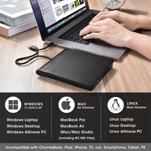 ROOFULL External CD DVD +/-RW Drive, USB 3.0 & USB-C Portable Player, Compatible with Windows, Mac, Linux