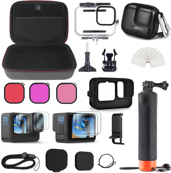 FitStill Accessories Set Bundles Kit with Waterproof Silicone Case for Go Pro Hero 12/11/10/9, Protective Housing,