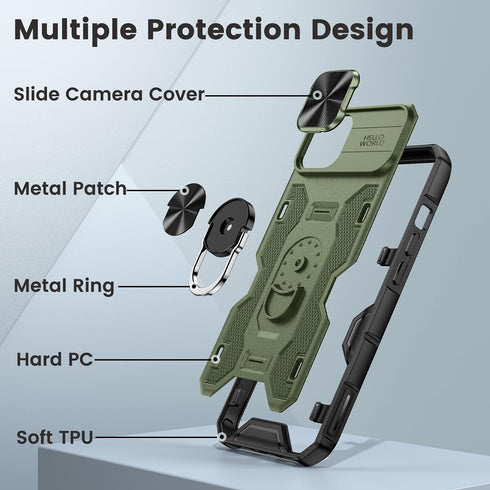 Caka Case for iPhone 14 Plus - Camera Cover & Kickstand, 360° Rotate Ring Stand, Green