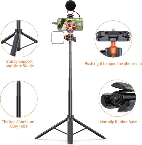 VRIG TP16 Camera Tripod - 55 inch Extendable Phone Selfie Stick Stand with 2 in 1 Phone Clip, 360° Ball Head